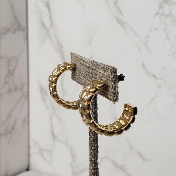 AVON Goldtone & Crystal Checkerboard Huggie Hoop Earrings - Picture 3 of 8